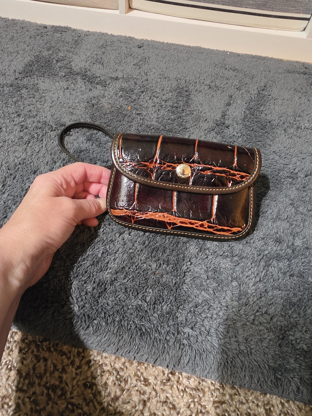 Women's Small Croc-Embossed Wristlet in Dark Brown with Copper Accents